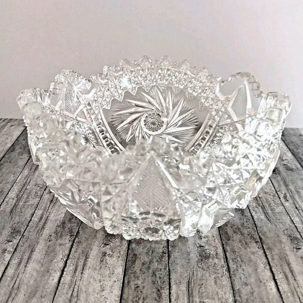Vtg Pressed Glass Cut Bowl Sawtooth Edge Starburst Pattern Circa 1920s - 1940s